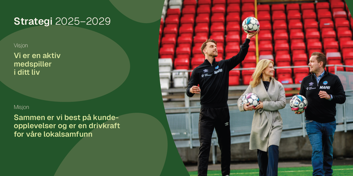 Et bilde av lokalbanksjef Maj-Britt Biller og to representanter fra KIL Toppfotball, samt med informasjon om bankens visjon og misjon