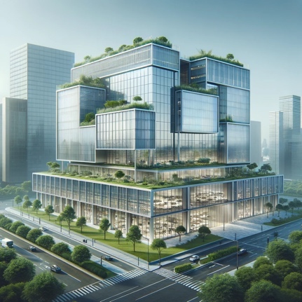 A mockup square image of a cool, modern office building. The building features sleek, futuristic architecture with glass facades, surrounded by green landscaping. It's designed with sustainability in mind, incorporating green roofs, solar panels, and energy-efficient windows. The setting is urban, yet integrates seamlessly with natural elements, showcasing a balance between technology and ecology. The sky is clear and blue, highlighting the building's silhouette against the backdrop of a bustling city.