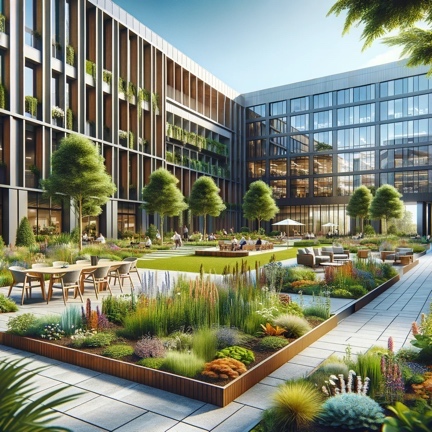 A mockup square image of a vibrant outdoor garden at a modern office building. The garden features a mix of green spaces, walking paths, and seating areas, designed for relaxation and informal meetings. It includes a variety of plants, flowers, and trees, with eco-friendly landscaping practices in place. The setting is peaceful, with a focus on creating a serene environment for employees to enjoy during breaks. The office building in the background showcases contemporary architecture, blending seamlessly with the natural beauty of the garden.