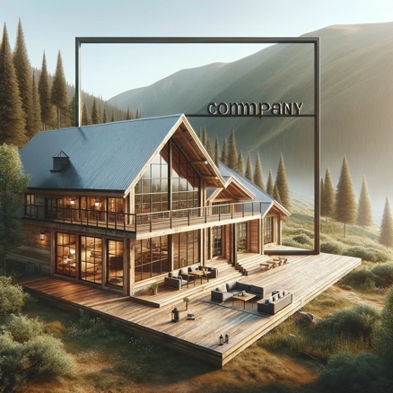 A mockup square image of a cozy company cabin nestled in the mountains, designed with rustic charm and modern amenities. The cabin is surrounded by a lush forest and features a large deck with outdoor seating, offering stunning views of the mountainous landscape. The architecture combines traditional wood construction with large glass windows to blend seamlessly into the natural surroundings, promoting a sense of tranquility and connection with nature. The setting is serene, with a clear emphasis on sustainability and harmony with the environment.