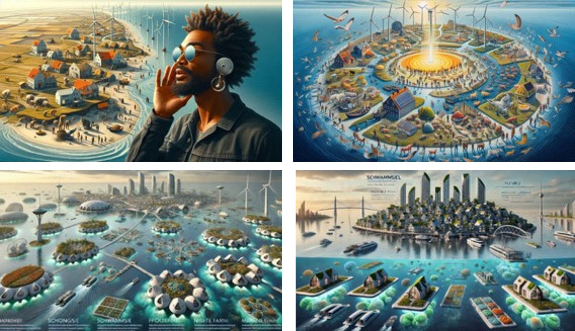 visualisation of a future coastal ecosystem, showing some islands and futuristic buildings