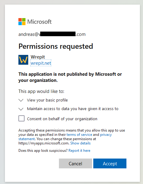 A Microsoft Entra sign-in screen requesting consent on behalf of your organization.