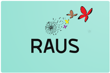 Logo til prosjektet RAUS: tekst, blomster og sommerfugler.