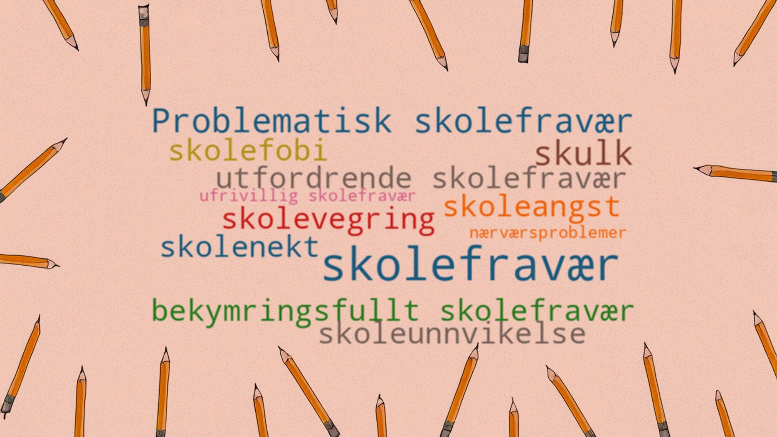 Ordsky: problematisk skolefravær, skolefobi, skulk, utfordrende skolefravær, ufrivillig skolefravær, skoleangst, skolevegring, nærvarsproblemer, skolenekt, bekymringsfullt skolefravær, skoleunnvikelse