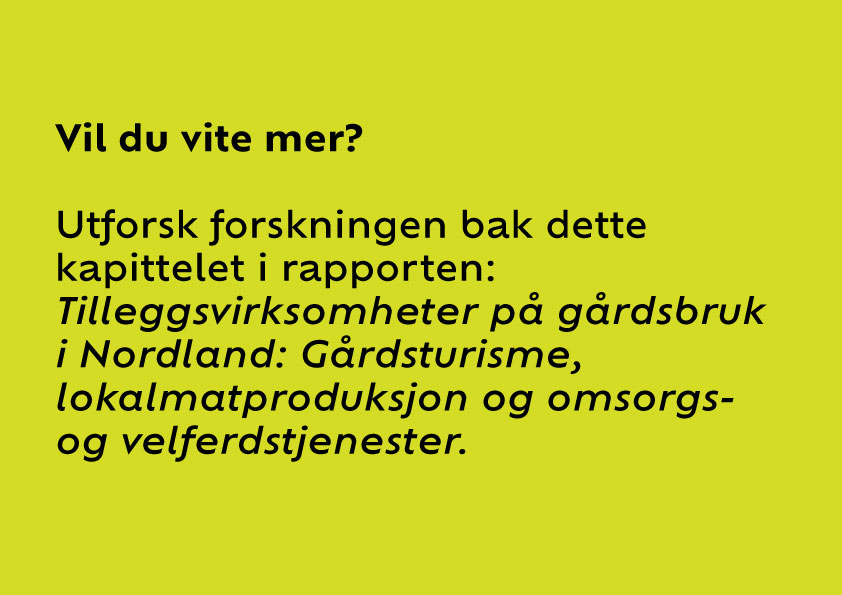 Bilde lenke: Utforsk forskningen bak dette kapittelet i rapporten: Tilleggsvirksomheter på gårdsbruk i Nordland: Gårdsturisme, lokalmatproduksjon og omsorgs- og velfredstjenester.