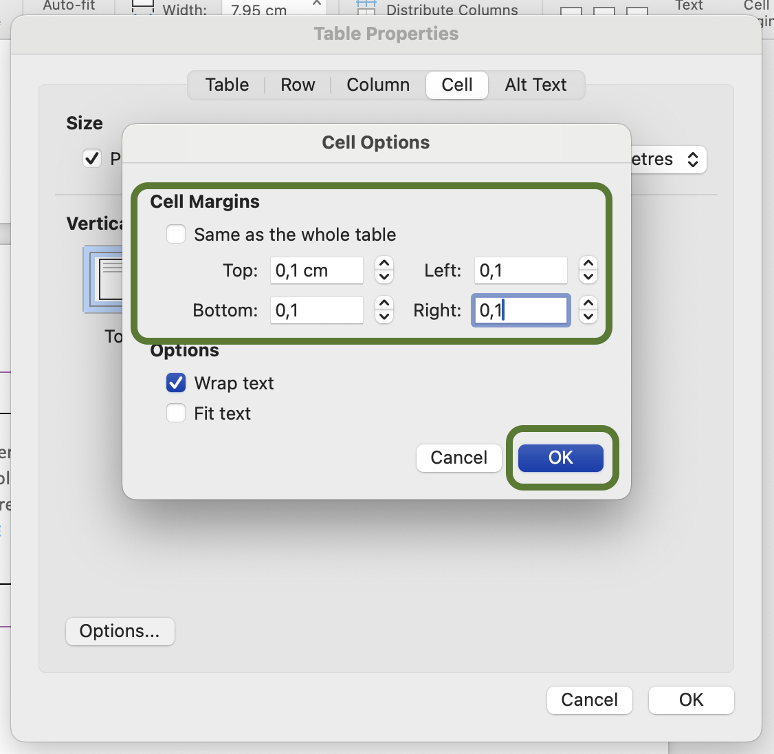 A screenshot of a cell options box