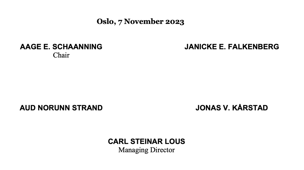 Signatures of the Board of Directors: Aage E. Schaanning, Janicke E. Falkenberg, Aud Norunn Strand, Jonas V. Kårstad, Carl Steinar Louis