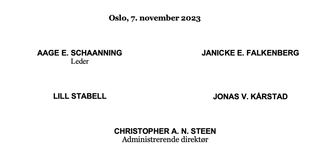 Styret i KLP Boligkreditt AS

Oslo, 7. november 2023


AAGE E. SCHAANNING
Leder



LILL STABELL
	

JANICKE E. FALKENBERG




JONAS V. KÅRSTAD

	
Aage E. Schaanning
Leder
	
Aina Slettedal Eide




CHRISTOPHER A. N. STEEN
Administrerende direktør
	Lill Stabell
	Kristian Lie-Pedersen


Christopher A. Steen
Administrerende direktør


