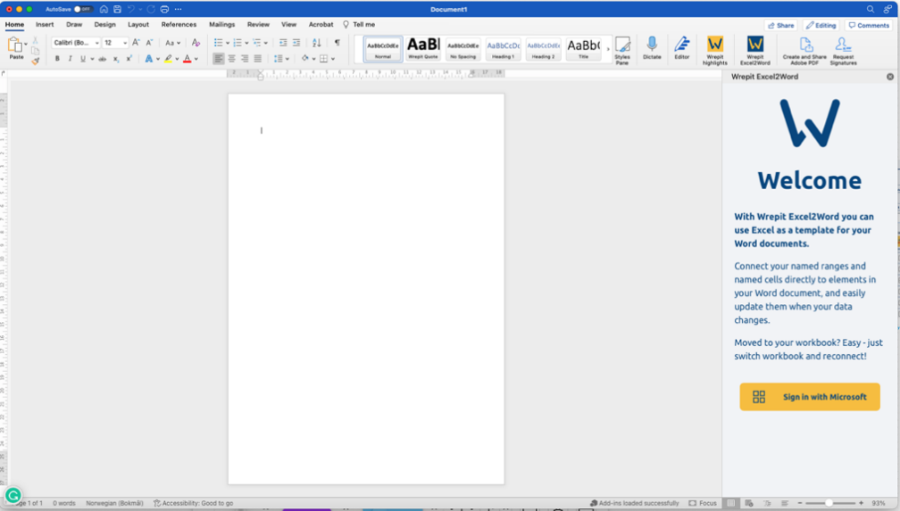 A user interface of Microsoft Word including the Excel2Word by Wrepit addin.