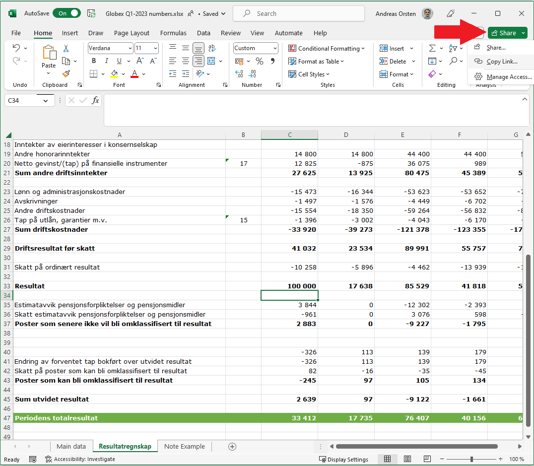Excel interface showing where to get the Sharepoint link from within an Excel file on desktop.