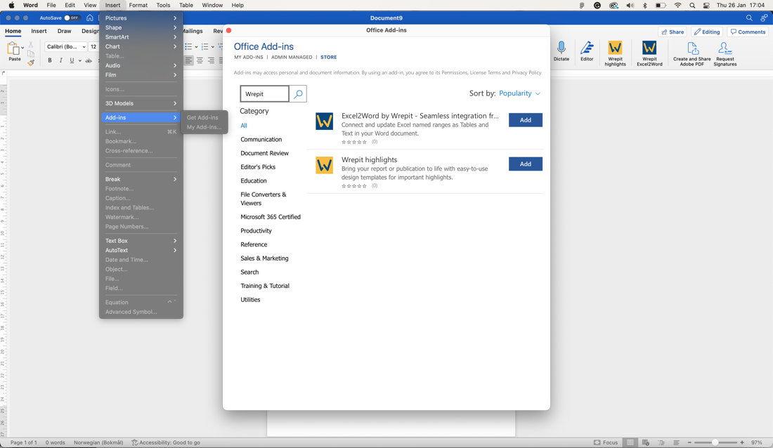 User interface on a Mac showing where to find the addin within Microsoft Word.