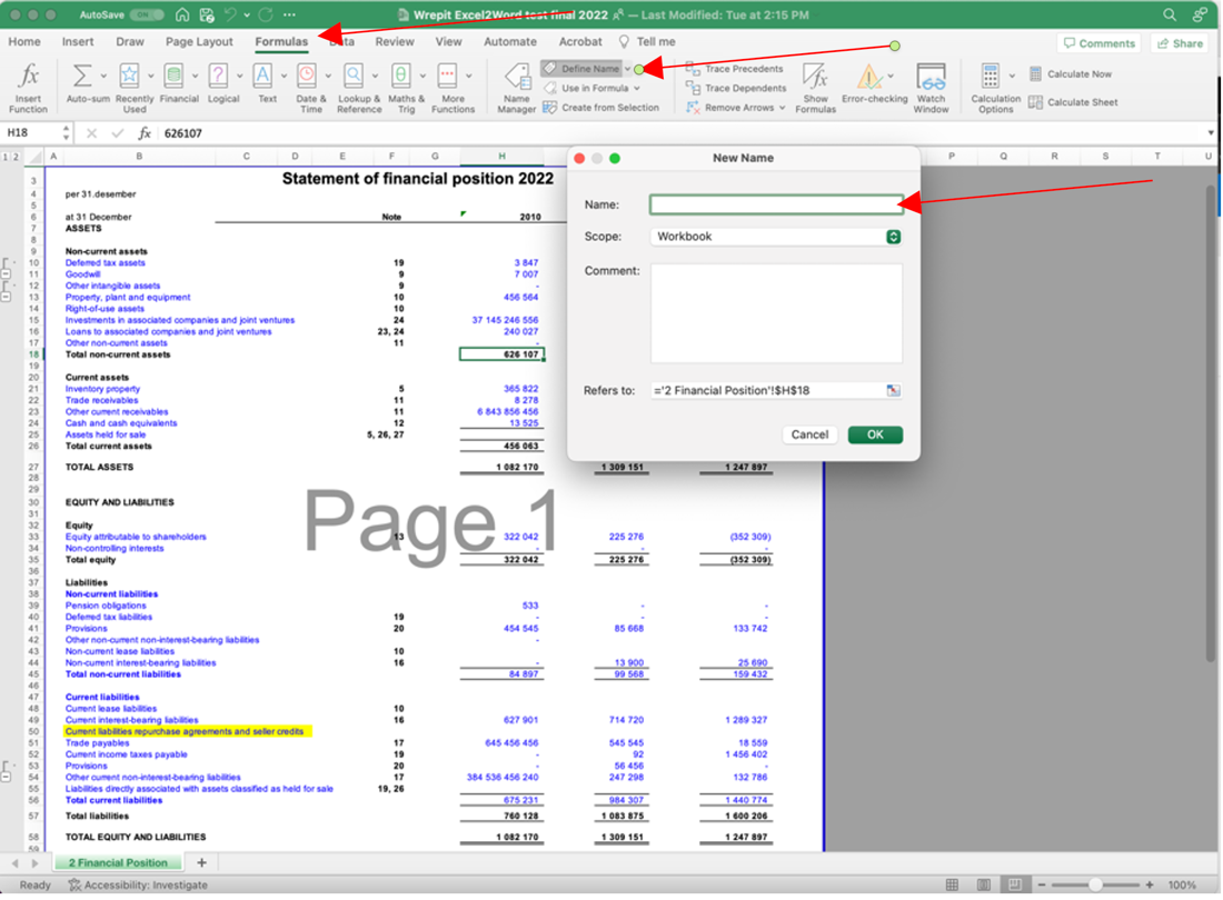 User interface showing Excel and how to add "Defined Names".