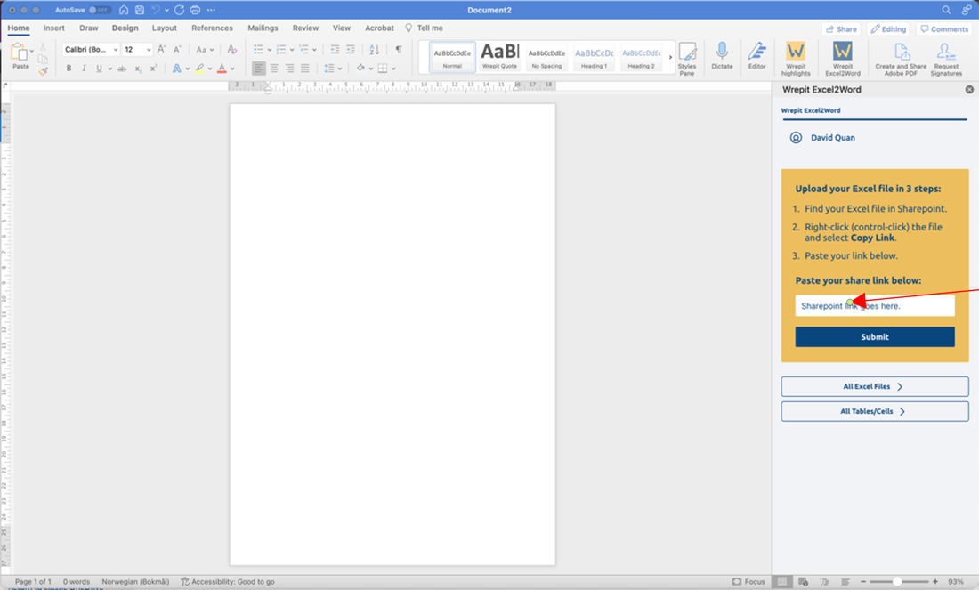 User interface of the addin, showing the Upload page.
