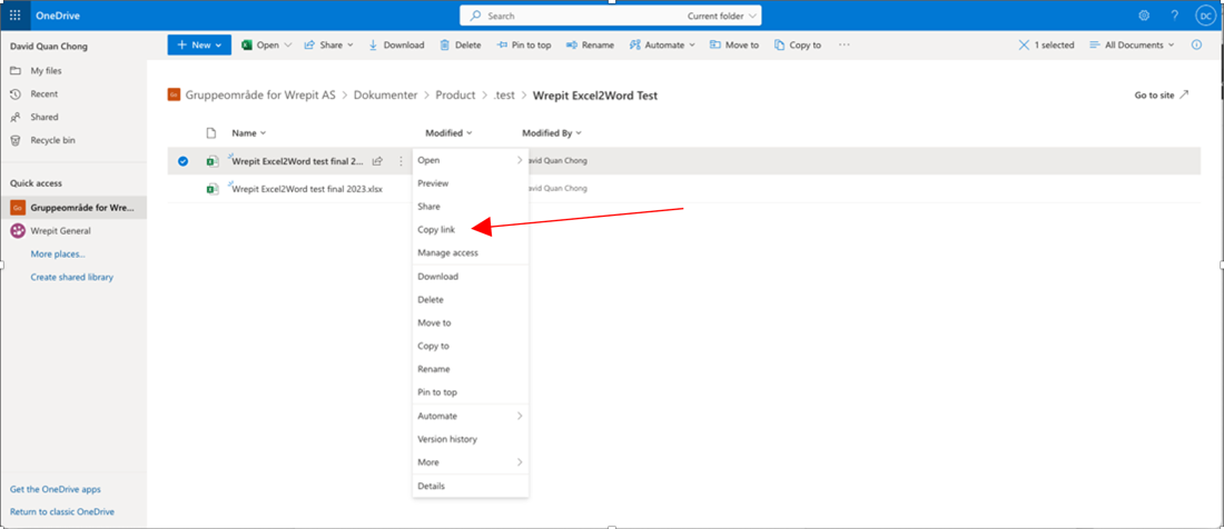 User interface of Microsoft Sharepoint online, showing where to get the "Sharepoint link" for an Excel file, using the "Copy Link" context button.