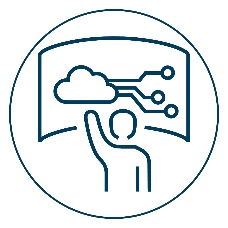 A blue line drawing of a person and a cloud